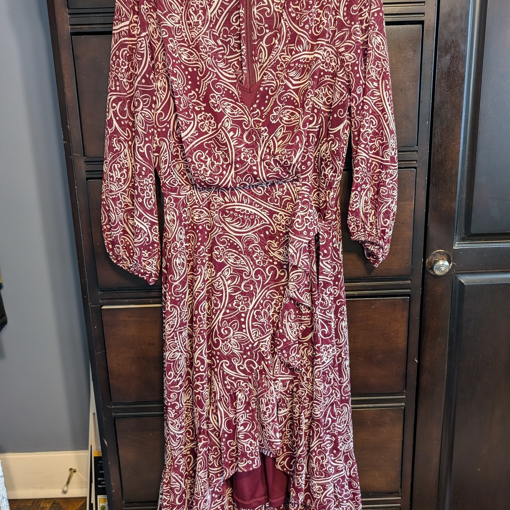 Calvin Klein Red and Cream High-Low Wrap Gown